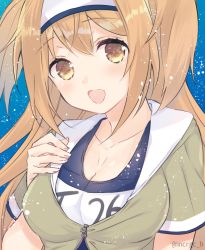 Rule 34 | 1girl, bad id, bad twitter id, blue background, blue one-piece swimsuit, blush, breasts, cleavage, hairband, hand on own chest, i-26 (kancolle), kantai collection, large breasts, light brown hair, name tag, one-hour drawing challenge, one-piece swimsuit, open mouth, saiki yuzuri, school swimsuit, short sleeves, simple background, solo, swimsuit, swimsuit under clothes, twitter username, two side up