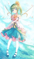 Rule 34 | 1girl, adapted costume, bare shoulders, blue eyes, blush, bouquet, daiyousei, day, dress, fairy, fairy wings, flower, full body, green hair, hair ornament, highres, holding, long hair, mary janes, miyakure, outdoors, pantyhose, petals, shoes, smile, solo, standing, touhou, white pantyhose, wings