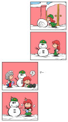 Rule 34 | 2girls, braid, chamupei, comic, cup, female focus, gate, hat, highres, hong meiling, izayoi sakuya, knifed, maid, maid headdress, multiple girls, peanuts (comic), red eyes, scarf, silent comic, silver hair, sitting, sleeping, smile, snowman, star (symbol), teacup, teapot, time stop, touhou, tray, twin braids, wall, zzz