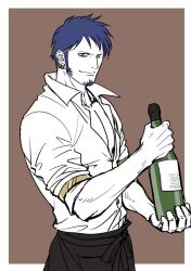 Rule 34 | 1boy, alcohol, armband, bottle, brown background, champagne, champagne bottle, earrings, facial hair, goatee, holding, holding bottle, jewelry, kokorozashi, looking at viewer, male focus, muscular, muscular male, one piece, pectoral cleavage, pectorals, shirt, sleeves rolled up, smile, trafalgar law, white shirt, wine bottle