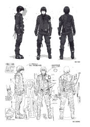 Rule 34 | 1boy, bandages, black hair, blame!, bodysuit, boots, character sheet, cyberpunk, from behind, from side, full body, graviton beam emitter, greyscale, gun, handgun, highres, jacket, killy, knife, monochrome, nihei tsutomu, pale skin, pants, scar, sketch, translation request, weapon