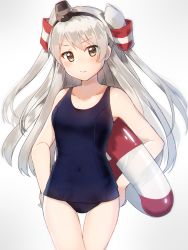 Rule 34 | 1girl, amatsukaze (kancolle), blush, breasts, brown eyes, collarbone, covered navel, hair tubes, highres, kantai collection, kunugi miyaco, lifebuoy, long hair, looking at viewer, one-piece swimsuit, school swimsuit, silver hair, small breasts, solo, standing, swim ring, swimsuit, two side up