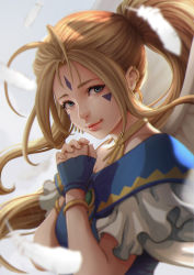 Rule 34 | 1girl, aa megami-sama, antenna hair, belldandy, blonde hair, blue eyes, blue gloves, closed mouth, eyelashes, facial mark, feathers, fingernails, forehead mark, frilled sleeves, frills, gloves, lips, long hair, magion02, nose, pink lips, ponytail, retro artstyle, signature, solo, upper body, very long hair, white feathers