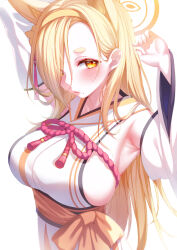 Rule 34 | 1girl, absurdres, animal ears, arm up, blonde hair, blue archive, blush, breasts, closed mouth, commentary request, fox ears, fox girl, hairband, halo, highres, japanese clothes, kaho (blue archive), kimono, large breasts, lips, long hair, looking at viewer, mole, mole under mouth, sideboob, simple background, solo, togami (tobysou526), white background, white kimono, yellow eyes, yellow hairband, yellow halo