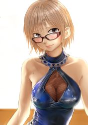 Rule 34 | 1girl, absurdres, bare arms, bare shoulders, black-framed eyewear, bob cut, bodysuit, breasts, brown eyes, brown hair, closed mouth, collarbone, covered erect nipples, glasses, halterneck, highres, kilye kairi, lips, looking at viewer, looking over eyewear, medium breasts, mole, mole on body, original, red-framed eyewear, see-through, shiny clothes, short hair, skin tight, sleeveless, solo, upper body