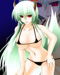 Rule 34 | 1girl, bikini, breasts, cleavage, engo (aquawatery), ex-keine, green hair, highres, horn ornament, horn ribbon, horns, kamishirasawa keine, large breasts, long hair, micro bikini, red eyes, ribbon, smile, solo, swimsuit, tail, touhou, undressing, very long hair, zoom layer