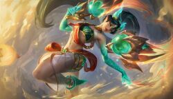 Rule 34 | 1girl, black hair, cowboy shot, detached wings, dragon horns, dust, facial mark, floating, forehead, forehead mark, green eyes, hair between eyes, heavenscale kai&#039;sa, highres, horns, kai&#039;sa, lamp, league of legends, long hair, looking to the side, makeup, navel, official alternate costume, official alternate hairstyle, official art, outdoors, pointy ears, ponytail, sky, smile, solo, stomach, very long hair, wings