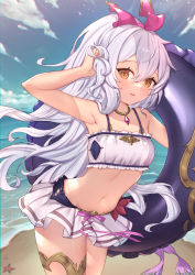 Rule 34 | 1girl, arm up, armpits, bare arms, bare shoulders, beach, bikini, breasts, cowboy shot, frills, granblue fantasy, hair ribbon, highres, innertube, jewelry, leaning forward, long hair, looking at viewer, medusa (shingeki no bahamut), medusa (summer) (granblue fantasy), midriff, miniskirt, navel, necklace, orange eyes, outdoors, parted lips, ponytail, ribbon, skirt, small breasts, solo, standing, stomach, swim ring, swimsuit, thigh strap, thighs, uneg, very long hair, white bikini, white hair, white skirt