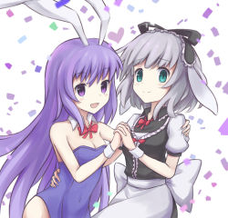 Rule 34 | 2girls, :d, animal ears, bare shoulders, bow, bowtie, breasts, confetti, cyan aeolin, detached collar, dress, erina (rabi-ribi), fake animal ears, frills, green eyes, grey hair, hand on another&#039;s shoulder, hands on another&#039;s waist, headdress, heart, highres, holding hands, interlocked fingers, irisu (rabi ribi), leotard, long hair, looking at viewer, medium breasts, multiple girls, open mouth, playboy bunny, puffy short sleeves, puffy sleeves, purple eyes, purple hair, rabbit ears, rabbit girl, rabi-ribi, short sleeves, smile, upper body, very long hair, wrist cuffs, yuri