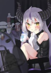 Rule 34 | 1girl, ahoge, armrest, bare shoulders, black dress, blush, braid, can, chair, demon girl, demon horns, detached sleeves, dress, drink, energy drink, gaming chair, highres, holding, holding can, holding drink, hololive, horns, indoors, instant ramen, keyboard (computer), kumoi sora, la+ darknesss, long hair, looking at viewer, looking to the side, microphone, microphone stand, mouse (computer), multicolored hair, nissin cup noodle, o-ring, on chair, pointy ears, pop filter, purple hair, sidelocks, silver hair, sitting, solo, streaked hair, swivel chair, thighs, very long hair, virtual youtuber, yellow eyes