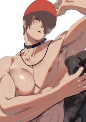 Rule 34 | 1boy, bara, beniazumaru, black choker, choker, closed mouth, hair over one eye, highres, holding, holding towel, large pectorals, male focus, muscular, muscular male, nipples, pectorals, red hair, short hair, simple background, solo, the king of fighters, the king of fighters &#039;95, towel, upper body, white background, yagami iori