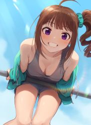 Rule 34 | 1girl, ahoge, aqua jacket, aqua scrunchie, bare shoulders, blue shorts, blunt bangs, blush, bra, bra peek, breasts, brown hair, collarbone, commentary request, day, downblouse, drawstring, drill hair, feet out of frame, grey tank top, grin, hair ornament, hair scrunchie, hanging, highres, horizontal bar, idolmaster, idolmaster million live!, jacket, kamille (vcx68), lens flare, light particles, looking at viewer, medium breasts, medium hair, off shoulder, open clothes, open jacket, outdoors, purple eyes, scrunchie, shorts, side ponytail, sidelocks, smile, solo, sunlight, tank top, underwear, yokoyama nao