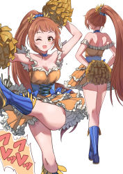 Rule 34 | 1girl, ;d, absurdres, bare shoulders, blue choker, blue footwear, blush, boots, brown eyes, brown hair, cheerleader, choker, collarbone, commentary request, dress, frilled dress, frills, highres, idolmaster, idolmaster cinderella girls, layered dress, long hair, multiple views, off-shoulder dress, off shoulder, one eye closed, open mouth, pizzasi, pleated dress, pom pom (cheerleading), ponytail, shoe soles, sidelocks, simple background, smile, standing, standing on one leg, striped clothes, striped footwear, translation request, vertical-striped footwear, very long hair, wakabayashi tomoka, white background