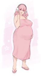 Rule 34 | 1girl, bare shoulders, breasts, dress, flip-flops, full body, hair between eyes, hand on own stomach, hand up, headphones, large breasts, long hair, looking at viewer, nitroplus, open mouth, pink dress, pink eyes, pink footwear, pink hair, pink theme, plump, pregnant, sandals, shibe (pregnancy), sleeveless, sleeveless dress, smile, solo, standing, star (symbol), super sonico, v, white background