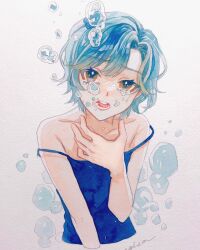 Rule 34 | 1girl, air bubble, bare shoulders, blue camisole, blue hair, brown eyes, bubble, camisole, collarbone, cropped torso, crying, hand up, highres, looking at viewer, open mouth, original, painting (medium), short hair, signature, simple background, solo, srnmomo, strap slip, tears, teeth, traditional media, upper body, watercolor (medium), white background