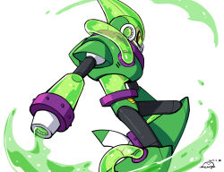 Rule 34 | 1boy, acid, acid man, android, arm cannon, armcannon, armor, bodysuit, breastplate, commentary request, feet out of frame, green armor, green headwear, green liquid, joints, liquid, male focus, mask, mega man (classic), mega man (series), mega man 11, mouth mask, red eyes, robot, robot joints, shoulder armor, simple background, solo, solo focus, transparent, vambraces, weapon, wenyu, white background