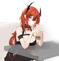 Rule 34 | 1girl, absurdres, arknights, armband, bare shoulders, black dress, breasts, cleavage, commentary, cup, dress, drinking glass, hair between eyes, hands up, highres, holding, holding cup, horns, large breasts, long hair, looking at viewer, purple eyes, red hair, sarea (sarea2020), solo, surtr (arknights), very long hair, white background