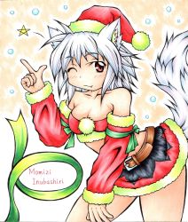 Rule 34 | 1girl, absurdres, alternate costume, animal ears, bare shoulders, belt, blush, breasts, character name, cleavage, detached sleeves, fang, fang out, fur trim, halterneck, halterneck, hat, highres, index finger raised, inte (whitewolftail), inubashiri momiji, looking at viewer, midriff, miniskirt, one eye closed, red eyes, santa costume, santa hat, short hair, silver hair, skirt, smile, snow, solo, star (symbol), tail, touhou, wink, wolf ears, wolf tail