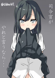 Rule 34 | 10s, 1girl, arms behind back, asashio (kancolle), bad id, bad twitter id, black hair, black skirt, blue eyes, blush, clothes in mouth, clothes lift, collared shirt, ebifurya, eyebrows, gradient background, grey background, hair between eyes, highres, inactive account, kantai collection, lifting own clothes, long hair, looking at viewer, mouth hold, navel, out-of-frame censoring, pleated skirt, shirt, short sleeves, sidelocks, skirt, skirt in mouth, skirt lift, solo, suspender skirt, suspenders, tears, translation request, twitter username, upper body, white shirt