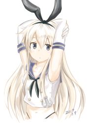 Rule 34 | 10s, 1girl, 2017, absurdres, anchor hair ornament, animal ears, arms behind head, arms up, black neckerchief, blonde hair, breasts, collarbone, commentary request, dated, elbow gloves, fake animal ears, gloves, grey eyes, hair ornament, hairband, highres, inoue kousei, kantai collection, long hair, looking at viewer, midriff, navel, neckerchief, open mouth, panty straps, rabbit ears, sailor collar, sailor shirt, shimakaze (kancolle), shirt, sidelocks, sleeveless, sleeveless shirt, small breasts, solo, white background, white gloves, white shirt