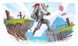 Rule 34 | 1boy, altf4, armor, armored boots, artist name, balloon, bird, boots, border, breastplate, chicken, cliff, cloud, cloudy sky, cross, english text, feathered wings, fence, flying, gauntlets, greaves, helmet, house, jumping, knight, knight (altf4), male focus, motojima hakka, mountain, plume, ribs, shoulder armor, sign, skeleton, skull, sky, water, white border, wings, wooden fence