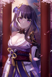Rule 34 | 1girl, absurdres, armor, bad id, bad pixiv id, braid, branch, breasts, bridal gauntlets, bright pupils, cherry blossoms, choker, cleavage, commentary request, flower, genshin impact, hair flower, hair ornament, highres, japanese clothes, kimono, kyo (maae00), long hair, looking at viewer, low-braided long hair, low-tied long hair, medium breasts, mitsudomoe (shape), mole, mole under eye, moon, night, obi, obiage, obijime, outdoors, parted lips, purple eyes, purple flower, purple hair, purple kimono, raiden shogun, red ribbon, ribbon, ribbon choker, sash, shoulder armor, solo, tassel, tomoe (symbol), torii, tree, upper body, very long hair, white pupils, wide sleeves, worried