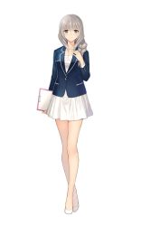 Rule 34 | 1girl, bare legs, blazer, braid, breasts, brown eyes, cleavage, clipboard, dress, full body, hair between eyes, hand on own chest, high heels, highres, holding, jacket, jewelry, komaba aoi, legs, long hair, necklace, pocket, short dress, silver hair, simple background, single braid, small breasts, smile, solo, standing, star horse pocket, tony taka, white background
