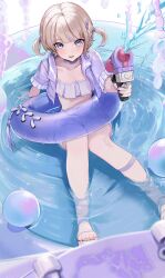 Rule 34 | 1girl, anizi, bikini, blonde hair, blush, choker, frilled bikini, frills, highres, holding, holding water gun, hololive, hololive dev is, jacket, looking at viewer, multicolored hair, open clothes, open jacket, open mouth, purple eyes, purple hair, purple jacket, short hair, solo, streaked hair, swimsuit, todoroki hajime, tongue, tongue out, two side up, virtual youtuber, water gun, white bikini