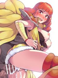 Rule 34 | 1boy, 1girl, arm warmers, armor, bar censor, black bra, blunt bangs, blush, boris (noborhys), bra, breasts, cape, celica (fire emblem), censored, clothed sex, cum, cum in pussy, cum overflow, fire emblem, fire emblem echoes: shadows of valentia, fire emblem gaiden, fire emblem heroes, hetero, highres, lace, lace-trimmed bra, lace trim, long hair, medium breasts, nintendo, nipples, open mouth, penis, pussy, rape, red eyes, red hair, red thighhighs, sex, shoulder armor, simple background, standing, standing sex, strapless, strapless bra, sweat, testicles, thighhighs, underwear, vaginal, white background