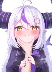 Rule 34 | 1girl, 1other, :i, ahoge, black coat, black horns, black nails, blush, braid, braided bangs, cheek squash, closed mouth, coat, commentary request, demon girl, demon horns, demon tail, eyelashes, fingernails, hair between eyes, hand on another&#039;s face, highres, hololive, horns, huge horns, la+ darknesss, la+ darknesss (1st costume), long hair, long sleeves, looking at viewer, masaki (msk064), multicolored hair, nail polish, pointy ears, pov, pov hands, purple hair, sidelocks, simple background, single braid, solo focus, streaked hair, striped horns, tail, upper body, v-shaped eyebrows, virtual youtuber, white background, white hair, wide sleeves, yellow eyes