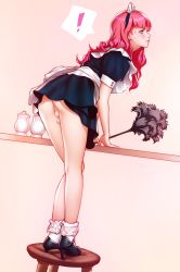 Rule 34 | 1boy, ass, blush, cleaning, high heels, highres, long hair, maid, penis, pink hair, pink lady mage, source request, stool, testicles, trap