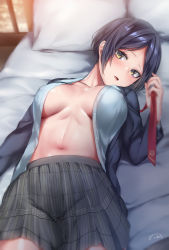 Rule 34 | 1girl, absurdres, blue hair, blue jacket, blue shirt, blush, breasts, collarbone, dress shirt, duplicate, grey skirt, hayami kanade, highres, idolmaster, idolmaster cinderella girls, jacket, large breasts, looking at viewer, lying, navel, necktie, unworn necktie, no bra, on back, on bed, open clothes, open jacket, open mouth, open shirt, parted bangs, pleated skirt, red necktie, sakiryo kanna, shirt, short hair, skirt, solo, yellow eyes