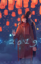 Rule 34 | 1boy, 1girl, 2019, absurdres, artist name, black coat, black hair, blue scarf, chinese zodiac, coat, feet out of frame, fireworks, floating, hand up, highres, holding hands, lantern, long hair, morncolour, new year, original, paper lantern, pig, red coat, red scarf, scarf, short hair, star (symbol), year of the pig