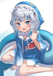 Rule 34 | 1girl, absurdres, animal costume, animal hood, aroa (aroamoyasi), artist name, blue eyes, blue hair, blue hoodie, claw pose, commentary, fins, fish tail, gawr gura, gawr gura (1st costume), hair ornament, highres, hololive, hololive english, hood, hood up, hoodie, long sleeves, looking at viewer, medium hair, multicolored hair, open mouth, shark costume, shark girl, shark hair ornament, shark hood, shark tail, sharp teeth, signature, sitting, smile, solo, streaked hair, tail, teeth, two side up, virtual youtuber, wariza, white background, wide sleeves