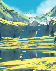 Rule 34 | 1girl, absurdres, asteroid ill, backpack, bag, blonde hair, blue sky, cloud, day, english text, flag, fog, from behind, full body, grass, highres, iris (asteroid ill), japanese text, lake, landscape, mixed-language text, mountain, original, outdoors, pine tree, reflection, reflective water, scenery, sky, solo, standing, translation request, tree, very wide shot, wall