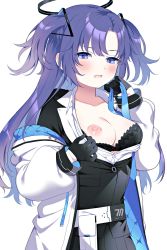 Rule 34 | 1girl, belt, belt pouch, black bra, blue archive, blue eyes, blue necktie, blush, bra, breasts, collarbone, collared shirt, formal, gloves, half gloves, halo, highres, jacket, jacket partially removed, long hair, looking at viewer, medium breasts, multicolored clothes, multicolored jacket, necktie, unworn necktie, nehan (gedatsu nehan), nipples, off shoulder, open clothes, open jacket, open mouth, open shirt, parted bangs, pleated skirt, pouch, purple eyes, purple hair, shirt, sidelocks, skirt, solo, suit, two-tone jacket, two side up, unbuttoned, unbuttoned shirt, underwear, white belt, white jacket, white shirt, yuuka (blue archive)