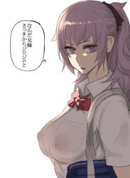 Rule 34 | 1girl, bag, black ribbon, bow, bowtie, breasts, collared shirt, hair ribbon, inverted nipples, jonasan, large breasts, nipples, open mouth, original, over shoulder, pepe (jonasan), pocket, ponytail, purple eyes, putting on shoes, red bow, red bowtie, ribbon, school bag, school uniform, shirt, short sleeves, simple background, solo, speech bubble, talking, translation request, upper body, white background