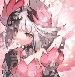 Rule 34 | 1girl, bare shoulders, black gloves, character request, covered mouth, dress, flower, gloves, grey hair, hand up, highres, holding, holding flower, kuuron (moesann17), looking at viewer, petals, pink dress, pink eyes, puzzle &amp; dragons, see-through, solo, upper body, veil, white flower