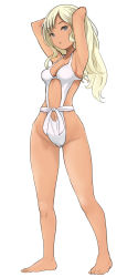Rule 34 | 1girl, armpits, arms behind head, arms up, bare arms, bare legs, bare shoulders, barefoot, blonde hair, blue eyes, breasts, cleavage, collarbone, full body, ginji74, highres, legs apart, navel, one-piece swimsuit, open mouth, original, simple background, small breasts, solo, standing, swimsuit, tan, triangle mouth, white background, white one-piece swimsuit
