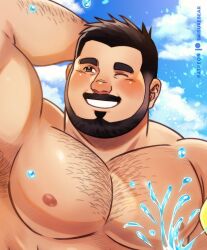 Rule 34 | 1boy, arm behind head, arm hair, armpit hair, bara, beard, chest hair, cropped, daisukebear, facial hair, large pectorals, looking to the side, male focus, mature male, muscular, muscular male, mustache, nipples, nude, original, paid reward available, pectorals, short hair, shy, solo, stomach, summer, thick mustache, upper body, water