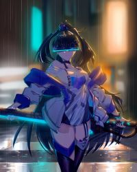 Rule 34 | 1girl, absurdres, bare shoulders, black hair, black thighhighs, city, city lights, closed mouth, gao guangyue, glowing, glowing sword, glowing weapon, head-mounted display, highres, holding, holding sword, holding weapon, honkai (series), honkai impact 3rd, jacket, katana, long hair, long sleeves, outdoors, ponytail, raiden mei, raiden mei (striker fulminata), rain, shirt, solo, sword, thighhighs, weapon, white jacket, white shirt