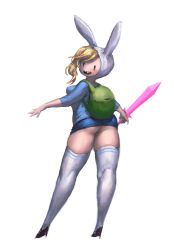 Rule 34 | 1girl, adventure time, animal ears, animal hood, ass, backpack, bag, black footwear, blonde hair, blue shirt, breasts, fionna campbell, from behind, green bag, high heels, highres, holding, holding sword, holding weapon, hood, jonpei, large breasts, legs apart, looking at viewer, looking back, microskirt, mob face, no panties, open mouth, outstretched arms, rabbit ears, rabbit hood, shirt, shoes, simple background, skirt, sleeves past elbows, smile, solid oval eyes, solo, sword, teeth, thick thighs, thighhighs, thighs, weapon, white background, white thighhighs, wide hips