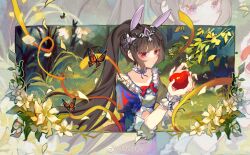 Rule 34 | 1girl, blue dress, border, branch, brown hair, closed mouth, collar, costume, da bo qv, detached collar, douluo dalu, dress, flower, food, frilled collar, frilled wristband, frills, fruit, grass, hair ornament, highres, holding, holding food, holding fruit, ponytail, purple eyes, tree, xiao wu (douluo dalu)