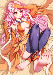 Rule 34 | 1girl, barefoot, bed sheet, blush, feet, fingerless gloves, foot focus, gloves, guilty crown, hand on own head, leg up, long hair, lying, parted lips, pink eyes, pink hair, pov, soles, toes, twintails, yuzuriha inori