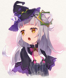 Rule 34 | 1girl, black capelet, black hairband, black headwear, blunt bangs, bow, breasts, brown eyes, capelet, cone hair bun, grey hair, grey shirt, hair bun, hairband, hat, highres, hololive, long hair, looking away, looking to the side, masaki (msk064), mini hat, mini witch hat, murasaki shion, murasaki shion (1st costume), open mouth, pink bow, pinstripe pattern, pinstripe shirt, shirt, side bun, single hair bun, single side bun, small breasts, solo, star (symbol), striped clothes, striped shirt, tilted headwear, upper body, vertical-striped clothes, vertical-striped shirt, virtual youtuber, witch hat