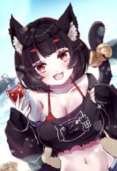 Rule 34 | 1girl, :d, animal ear fluff, animal ears, azur lane, beach, bell, bikini, bikini under clothes, black hair, blue shorts, blue sky, blunt bangs, blush, bottle, breasts, cat ears, cat girl, cleavage, cloud, collarbone, commentary request, cowboy shot, dated, day, denim, denim shorts, dutch angle, fang, groin, holding, holding bottle, jingle bell, large breasts, long sleeves, looking at viewer, midriff, navel, off shoulder, official alternate costume, open mouth, outdoors, red bikini, red eyes, ruchita, shirt, short hair, shorts, sidelocks, signature, single bare shoulder, skin fang, sky, sleeves past wrists, smile, solo, standing, swimsuit, tail, tail bell, tail ornament, torn clothes, torn shirt, water bottle, yamashiro (azur lane), yamashiro (vacation offensive!) (azur lane)