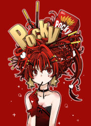 Rule 34 | 1girl, bare shoulders, braid, breasts, choker, cleavage, clothing request, commentary request, earrings, food, food in mouth, gloves, hair ornament, hair stick, heart, heart hair ornament, jewelry, karakasa garaku, long hair, looking at viewer, original, pocky, pocky in mouth, red background, red eyes, red gloves, red hair, red theme, shouten pegasus mix mori, simple background, solo, star (symbol), star earrings, strapless, upper body