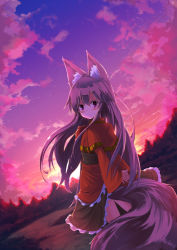 Rule 34 | animal ears, arms behind back, brown hair, capelet, dress, fox ears, fox tail, frilled dress, frills, layered dress, long hair, looking at viewer, looking back, noa (nagareboshi), original, solo, tail, twilight