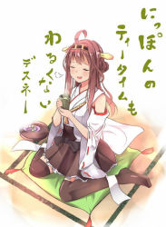 Rule 34 | 10s, 1girl, ahoge, bad id, bad pixiv id, bare shoulders, black thighhighs, brown hair, cup, cushion, dango, closed eyes, food, hachita (odangoya), hairband, kantai collection, kongou (kancolle), nontraditional miko, odangoya, open mouth, sitting, skirt, smile, solo, steam, tatami, tears, thighhighs, translation request, wagashi, wariza, yunomi