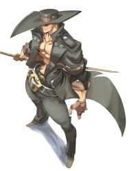 Rule 34 | 1boy, abs, belt, black jacket, blonde hair, brown gloves, collarbone, cowboy hat, fingerless gloves, glasses, gloves, guilty gear, guilty gear strive, hat, highres, holding, holding sword, holding weapon, jacket, johnny (guilty gear), katana, large hat, muscular, muscular male, pants, pectorals, shaded face, sheath, sheathed, simple background, solo, sunglasses, sword, tamotu kun, weapon, white background